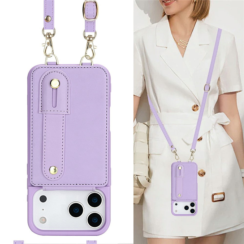 For iPhone 17 Pro Max Case Kickstand Card Slots Leather Coated TPU Cover with Shoulder Strap - Purple