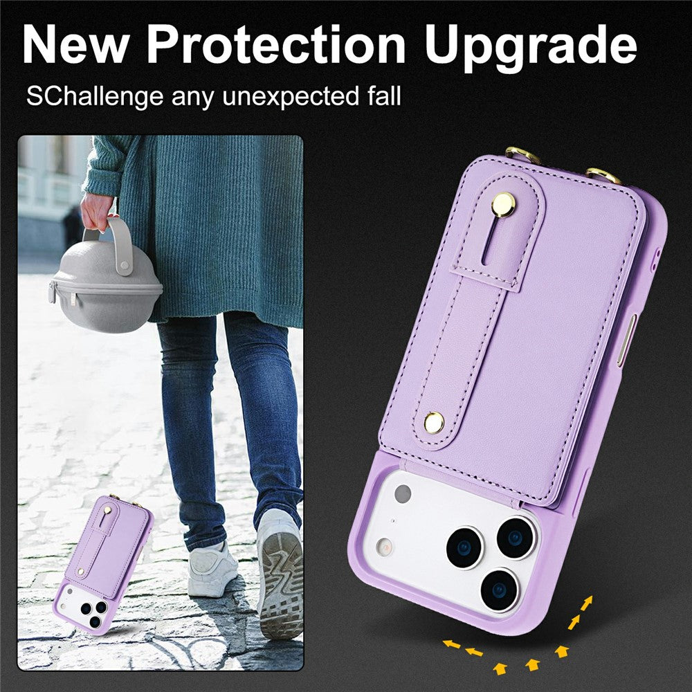 For iPhone 17 Pro Max Case Kickstand Card Slots Leather Coated TPU Cover with Shoulder Strap - Purple
