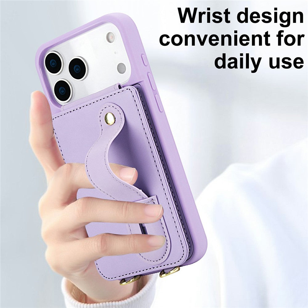 For iPhone 17 Pro Max Case Kickstand Card Slots Leather Coated TPU Cover with Shoulder Strap - Purple