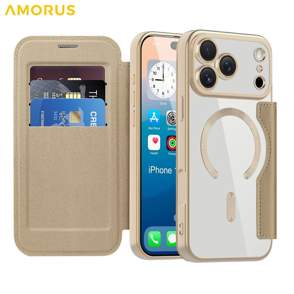 AMORUS For iPhone 17 Pro Max Case Compatible with MagSafe RFID Blocking Card Holder Leather Phone Cover - Desert Gold