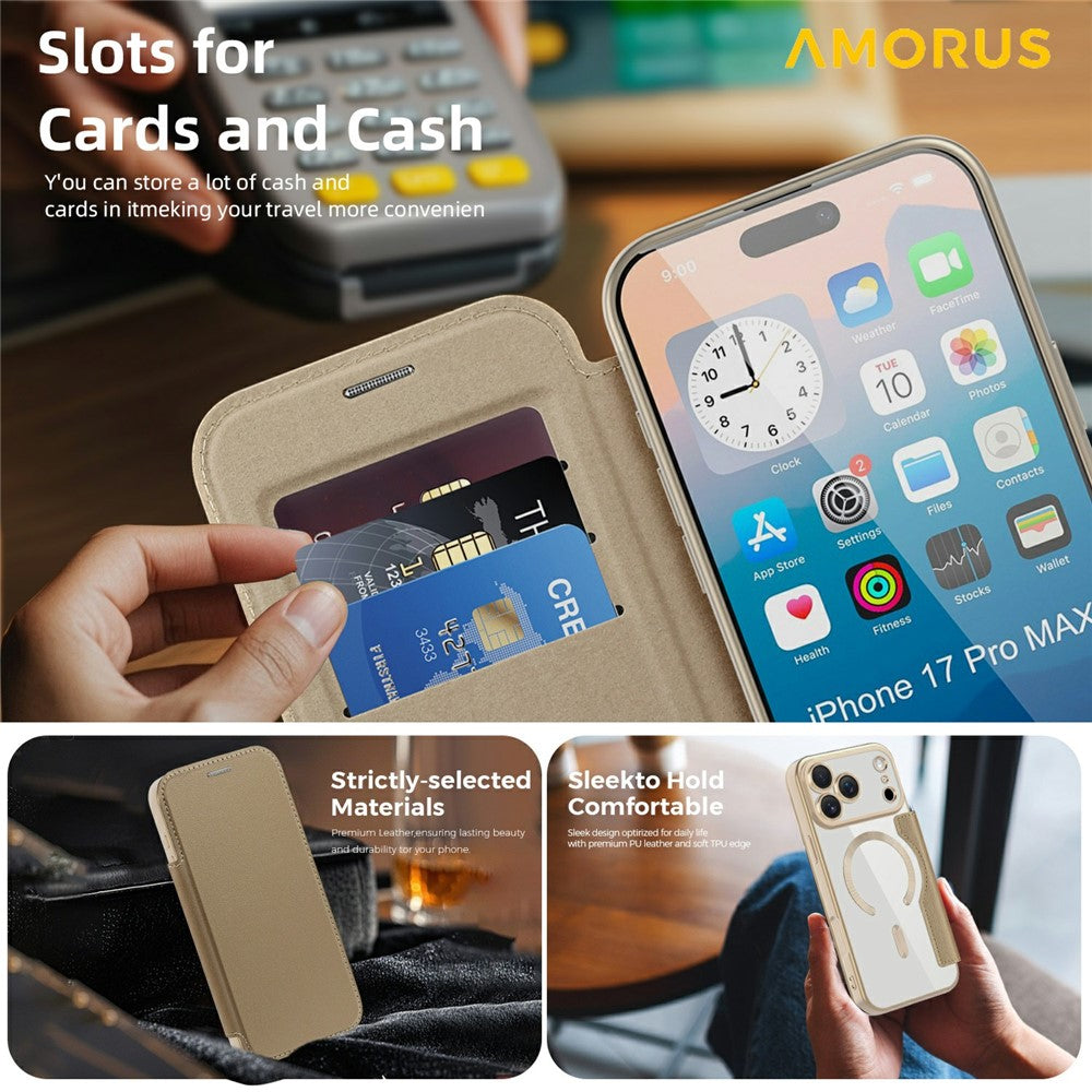 AMORUS For iPhone 17 Pro Max Case Compatible with MagSafe RFID Blocking Card Holder Leather Phone Cover - Desert Gold