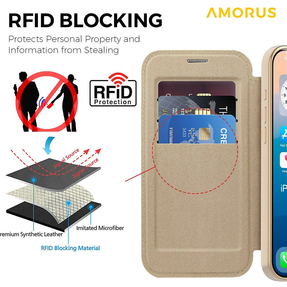 AMORUS For iPhone 17 Pro Max Case Compatible with MagSafe RFID Blocking Card Holder Leather Phone Cover - Desert Gold