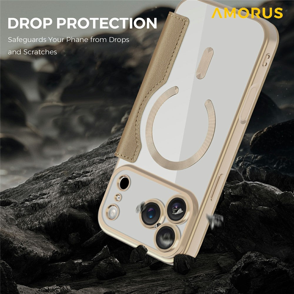 AMORUS For iPhone 17 Pro Max Case Compatible with MagSafe RFID Blocking Card Holder Leather Phone Cover - Desert Gold