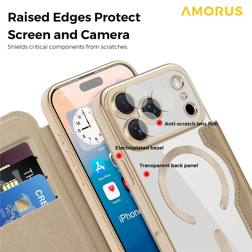 AMORUS For iPhone 17 Pro Max Case Compatible with MagSafe RFID Blocking Card Holder Leather Phone Cover - Desert Gold