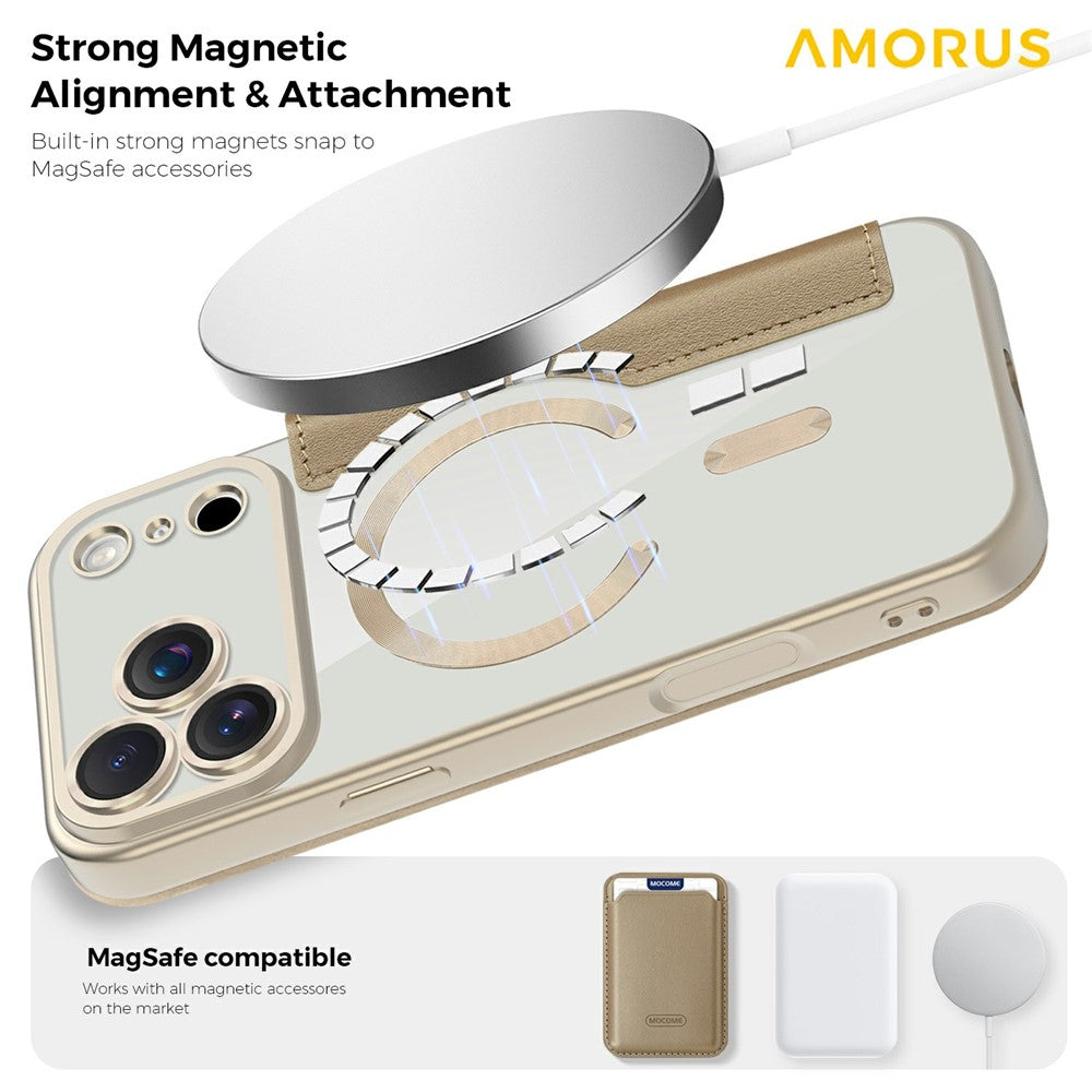 AMORUS For iPhone 17 Pro Max Case Compatible with MagSafe RFID Blocking Card Holder Leather Phone Cover - Desert Gold