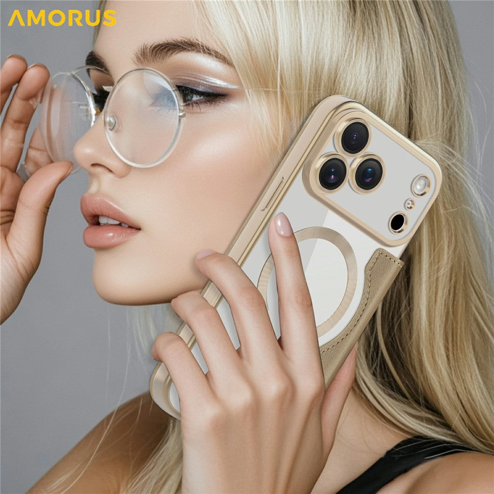 AMORUS For iPhone 17 Pro Max Case Compatible with MagSafe RFID Blocking Card Holder Leather Phone Cover - Desert Gold