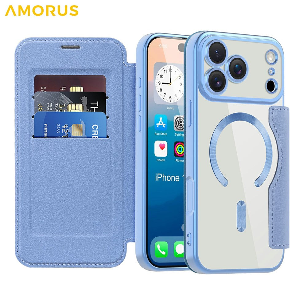 AMORUS For iPhone 17 Pro Max Case Compatible with MagSafe RFID Blocking Card Holder Leather Phone Cover - Blue
