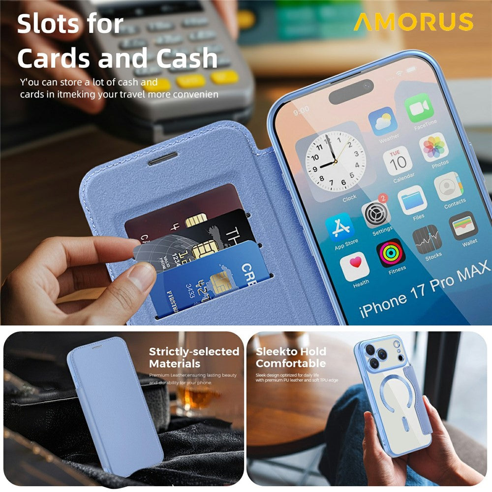 AMORUS For iPhone 17 Pro Max Case Compatible with MagSafe RFID Blocking Card Holder Leather Phone Cover - Blue