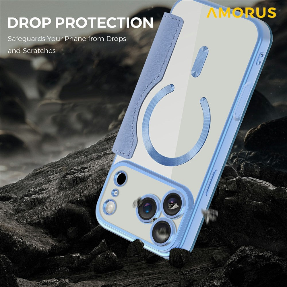 AMORUS For iPhone 17 Pro Max Case Compatible with MagSafe RFID Blocking Card Holder Leather Phone Cover - Blue