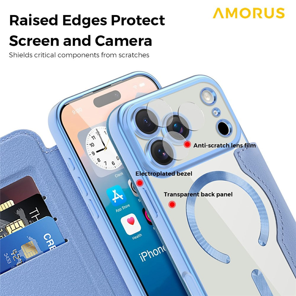 AMORUS For iPhone 17 Pro Max Case Compatible with MagSafe RFID Blocking Card Holder Leather Phone Cover - Blue