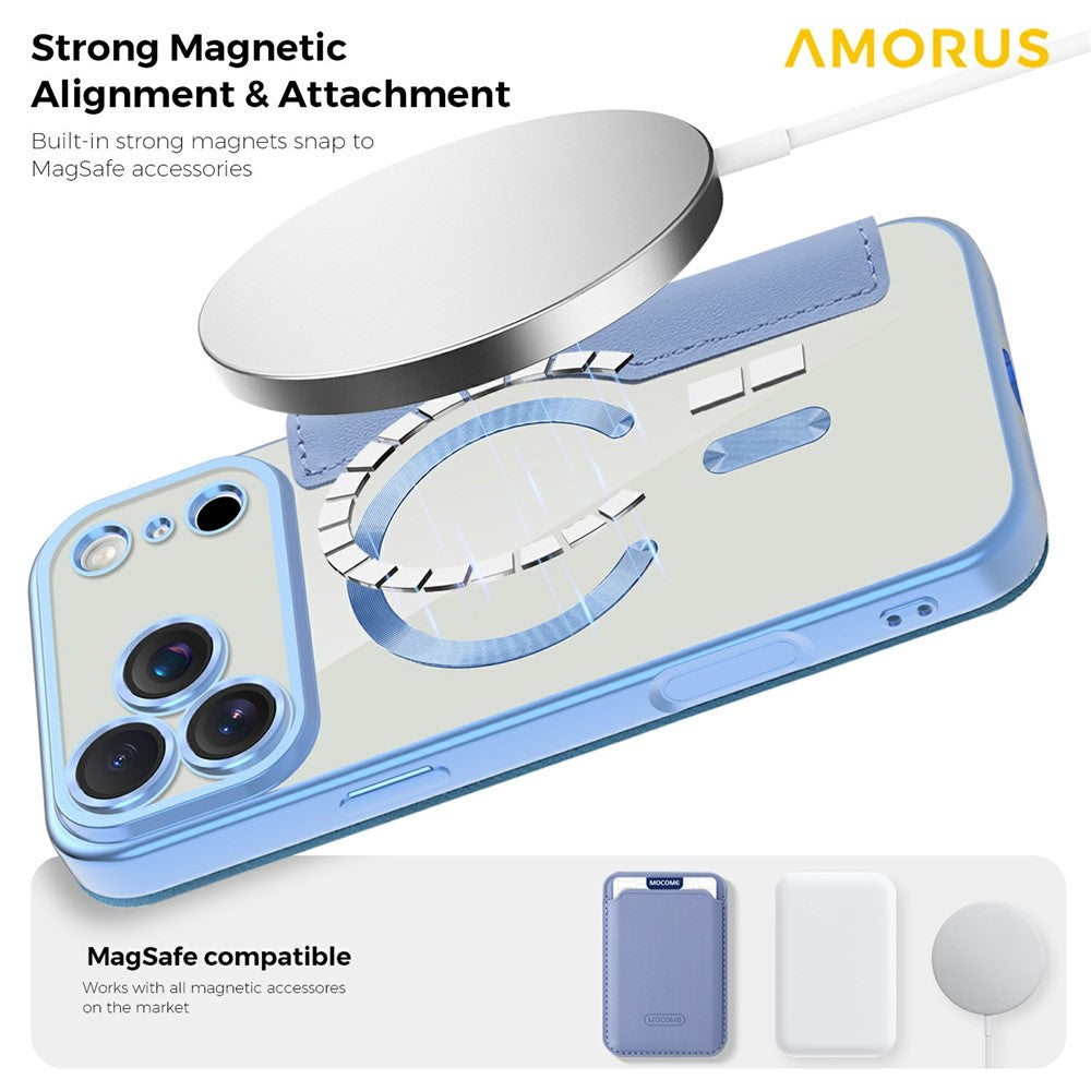 AMORUS For iPhone 17 Pro Max Case Compatible with MagSafe RFID Blocking Card Holder Leather Phone Cover - Blue