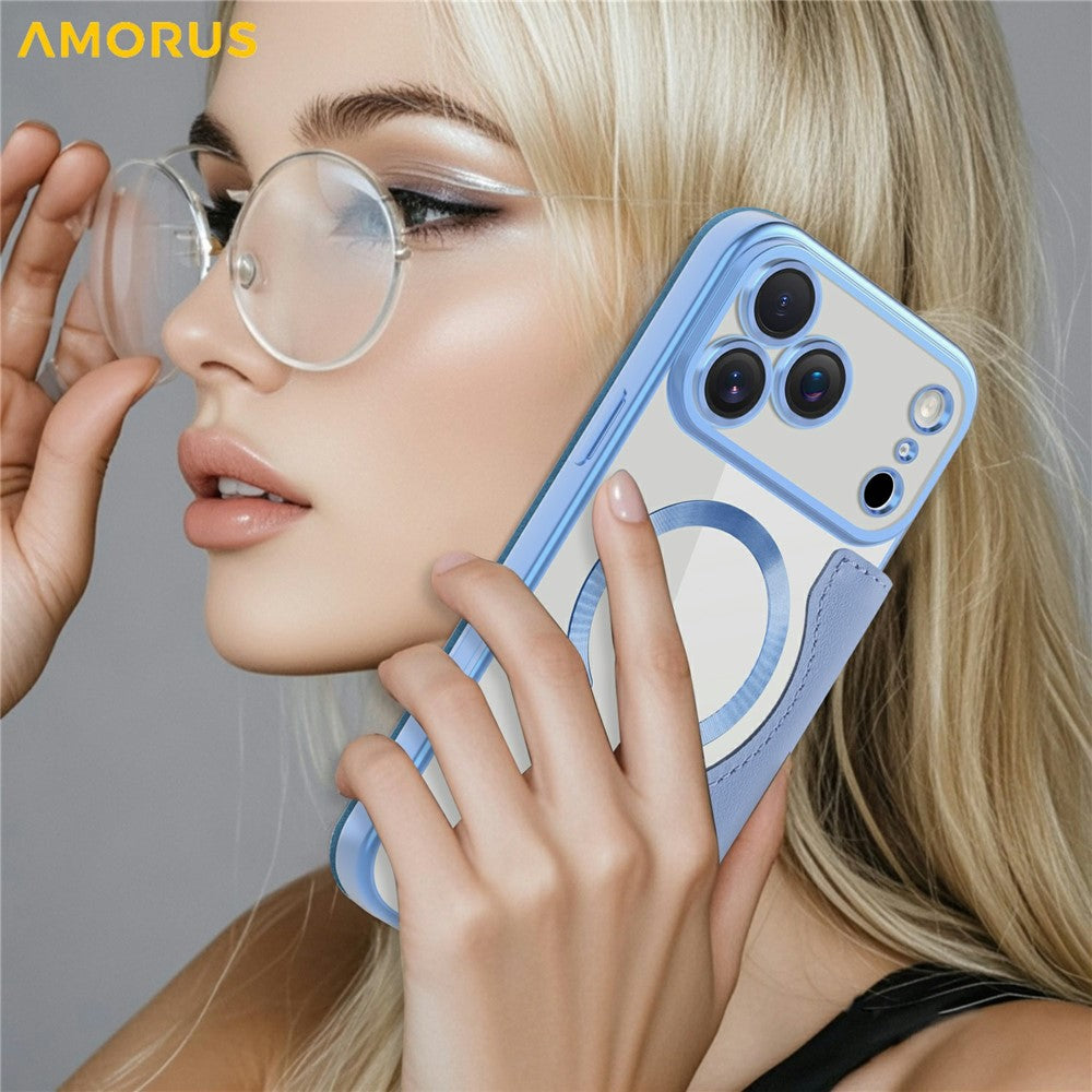 AMORUS For iPhone 17 Pro Max Case Compatible with MagSafe RFID Blocking Card Holder Leather Phone Cover - Blue