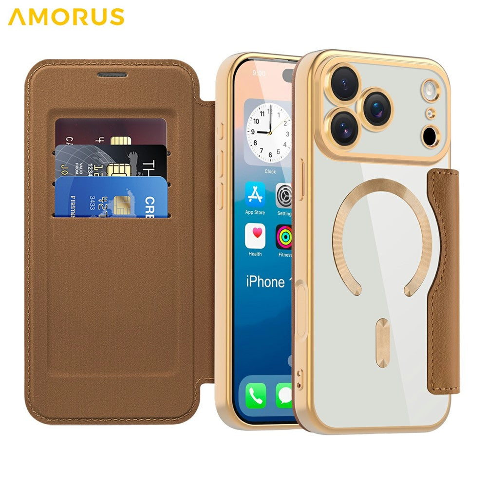 AMORUS For iPhone 17 Pro Max Case Compatible with MagSafe RFID Blocking Card Holder Leather Phone Cover - Brown