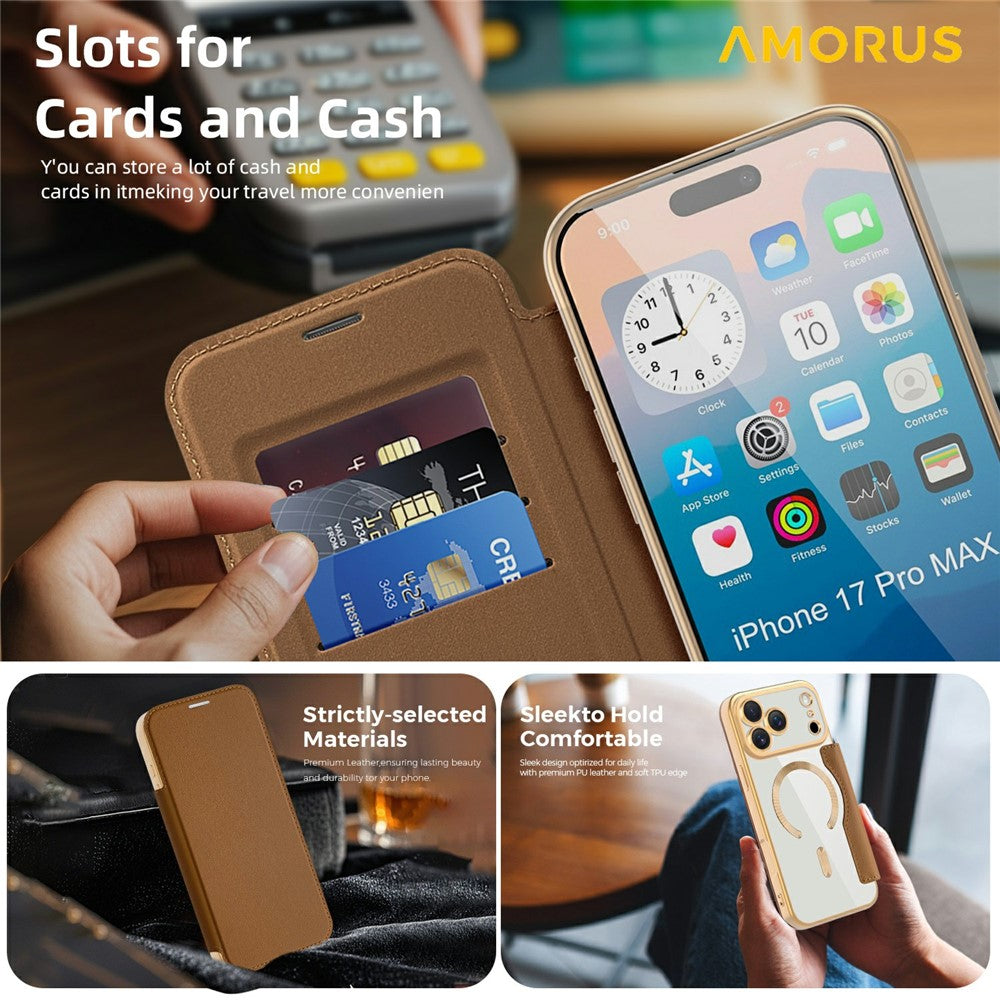 AMORUS For iPhone 17 Pro Max Case Compatible with MagSafe RFID Blocking Card Holder Leather Phone Cover - Brown