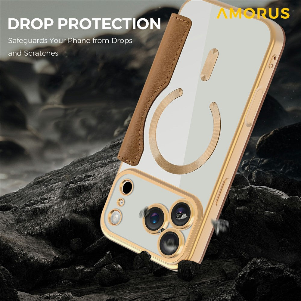 AMORUS For iPhone 17 Pro Max Case Compatible with MagSafe RFID Blocking Card Holder Leather Phone Cover - Brown