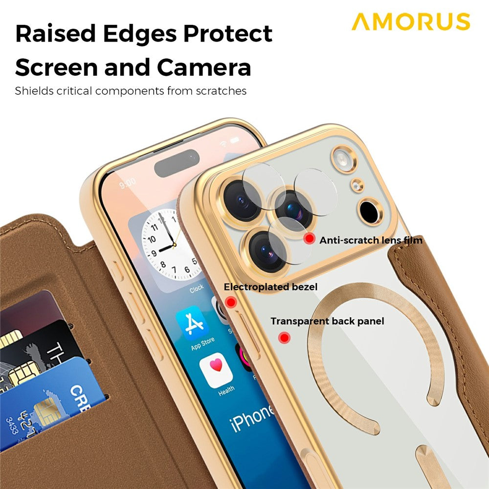 AMORUS For iPhone 17 Pro Max Case Compatible with MagSafe RFID Blocking Card Holder Leather Phone Cover - Brown