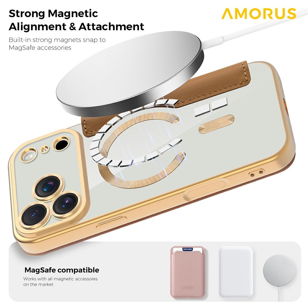 AMORUS For iPhone 17 Pro Max Case Compatible with MagSafe RFID Blocking Card Holder Leather Phone Cover - Brown