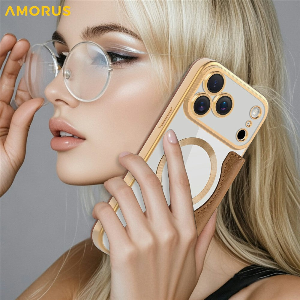 AMORUS For iPhone 17 Pro Max Case Compatible with MagSafe RFID Blocking Card Holder Leather Phone Cover - Brown