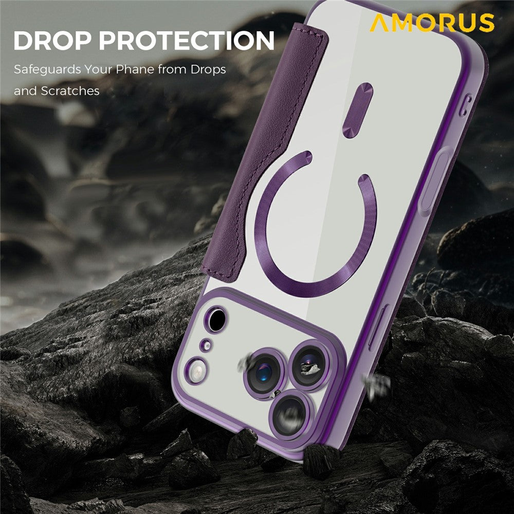 AMORUS For iPhone 17 Pro Max Case Compatible with MagSafe RFID Blocking Card Holder Leather Phone Cover - Dark Purple