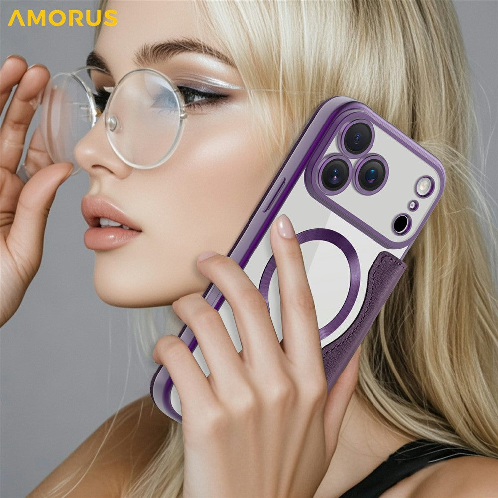 AMORUS For iPhone 17 Pro Max Case Compatible with MagSafe RFID Blocking Card Holder Leather Phone Cover - Dark Purple