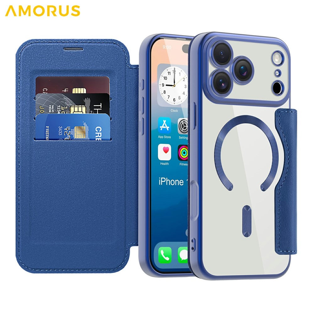 AMORUS For iPhone 17 Pro Max Case Compatible with MagSafe RFID Blocking Card Holder Leather Phone Cover - Sapphire