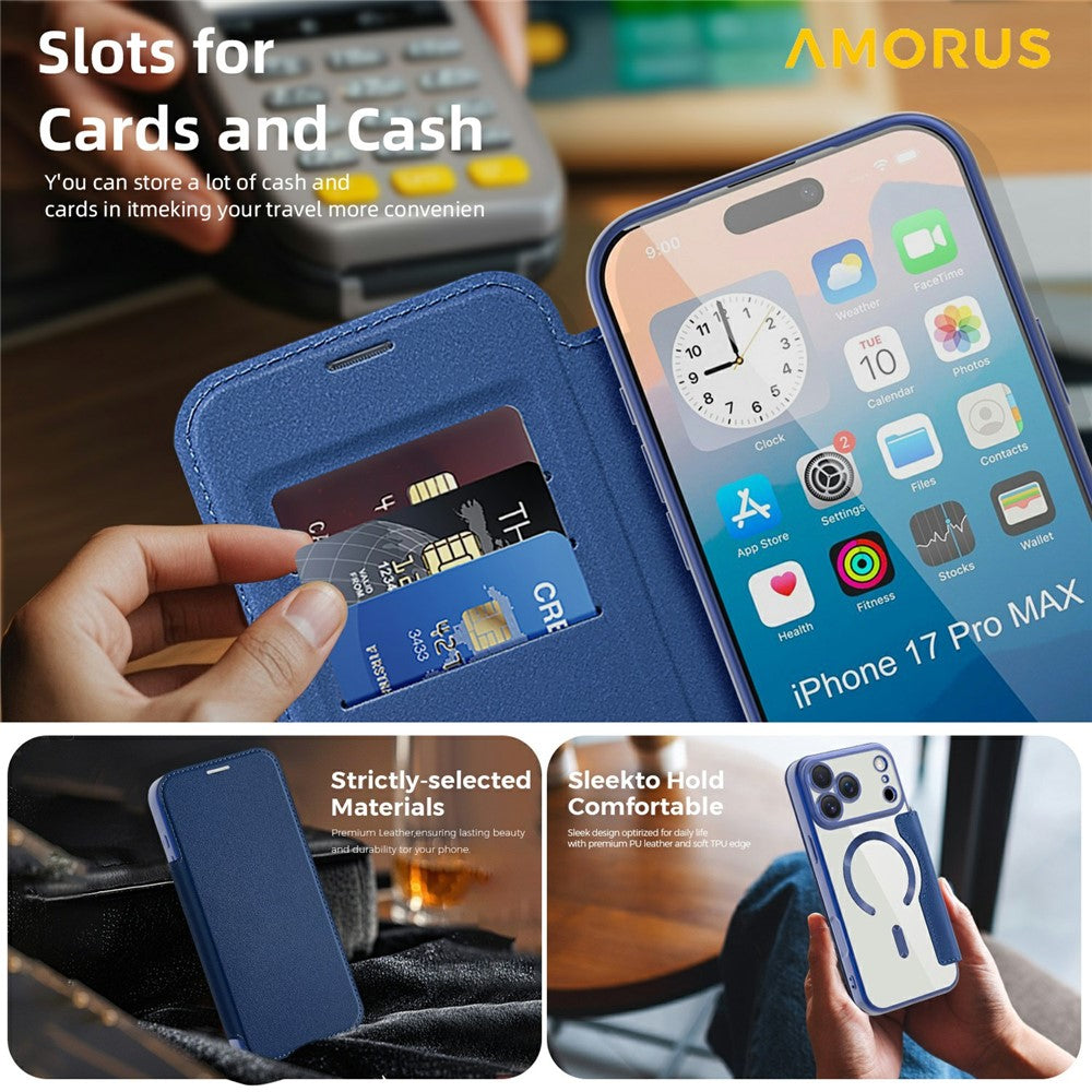 AMORUS For iPhone 17 Pro Max Case Compatible with MagSafe RFID Blocking Card Holder Leather Phone Cover - Sapphire