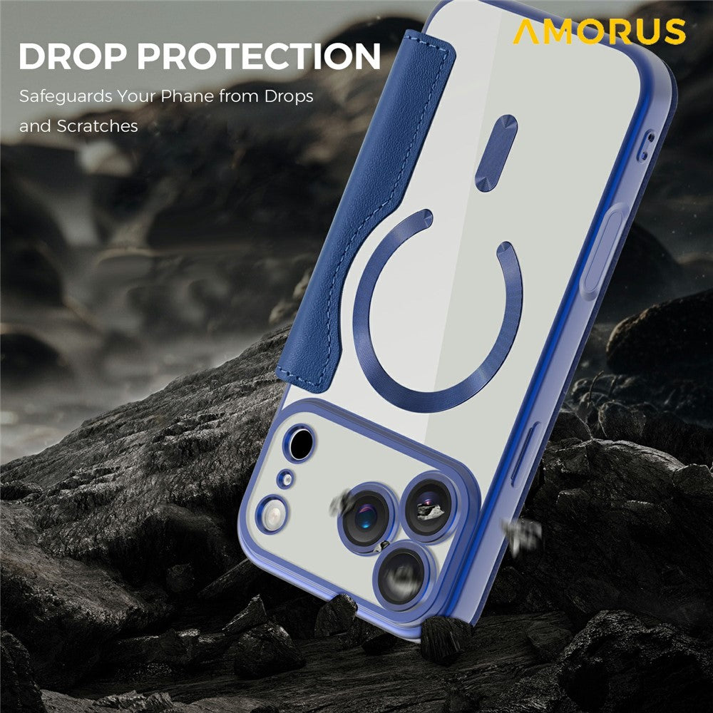 AMORUS For iPhone 17 Pro Max Case Compatible with MagSafe RFID Blocking Card Holder Leather Phone Cover - Sapphire