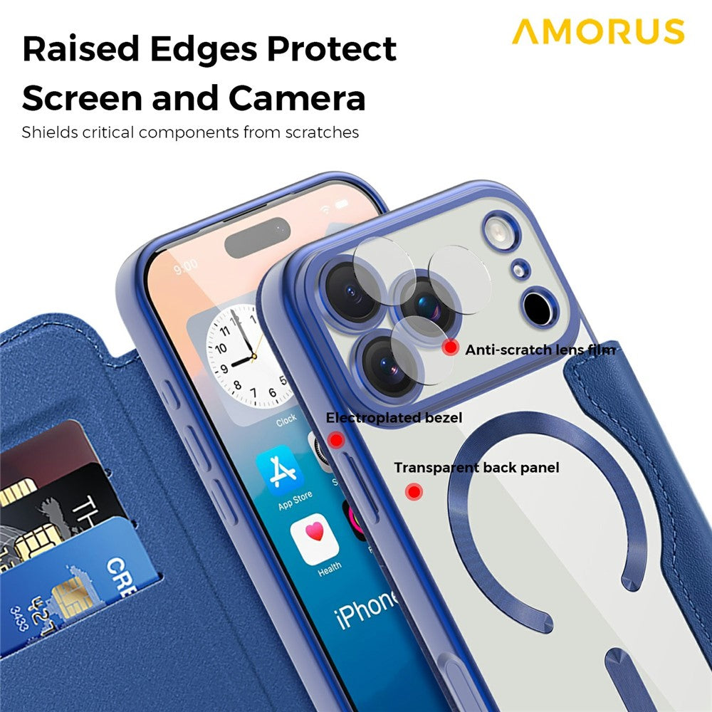 AMORUS For iPhone 17 Pro Max Case Compatible with MagSafe RFID Blocking Card Holder Leather Phone Cover - Sapphire