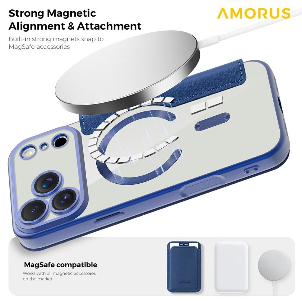 AMORUS For iPhone 17 Pro Max Case Compatible with MagSafe RFID Blocking Card Holder Leather Phone Cover - Sapphire