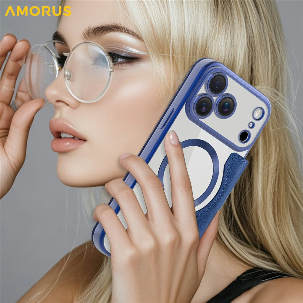 AMORUS For iPhone 17 Pro Max Case Compatible with MagSafe RFID Blocking Card Holder Leather Phone Cover - Sapphire