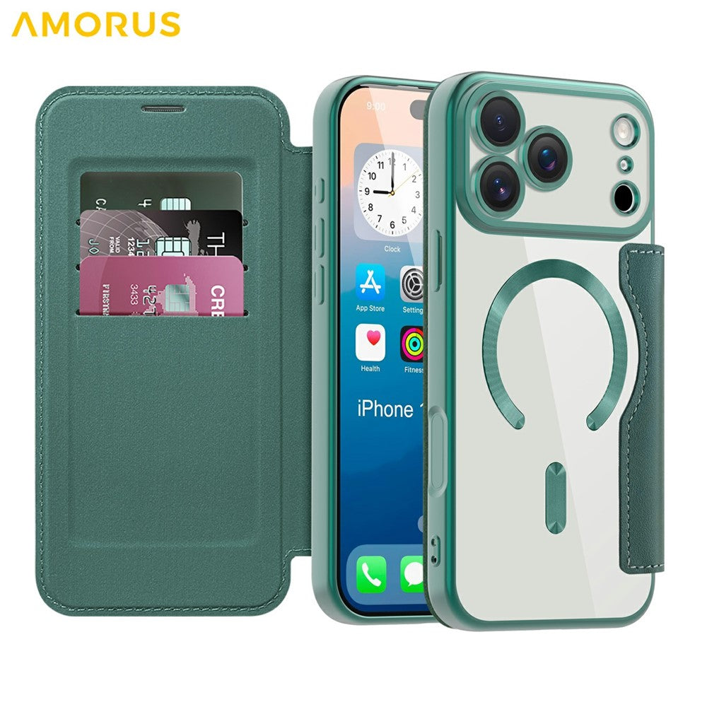 AMORUS For iPhone 17 Pro Max Case Compatible with MagSafe RFID Blocking Card Holder Leather Phone Cover - Blackish Green