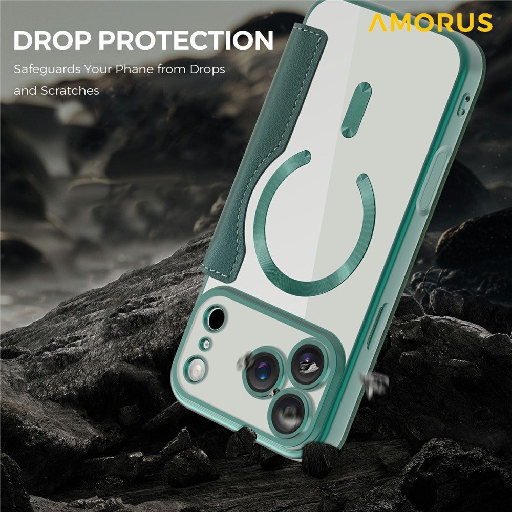 AMORUS For iPhone 17 Pro Max Case Compatible with MagSafe RFID Blocking Card Holder Leather Phone Cover - Blackish Green