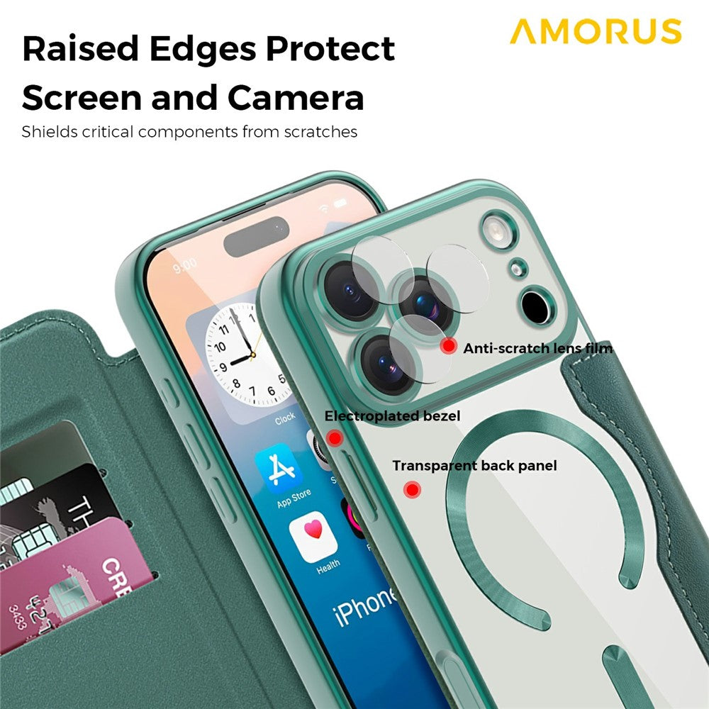 AMORUS For iPhone 17 Pro Max Case Compatible with MagSafe RFID Blocking Card Holder Leather Phone Cover - Blackish Green