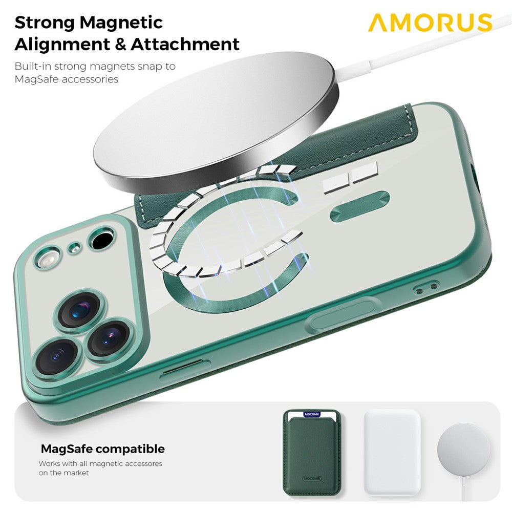 AMORUS For iPhone 17 Pro Max Case Compatible with MagSafe RFID Blocking Card Holder Leather Phone Cover - Blackish Green