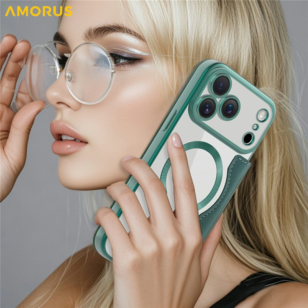 AMORUS For iPhone 17 Pro Max Case Compatible with MagSafe RFID Blocking Card Holder Leather Phone Cover - Blackish Green