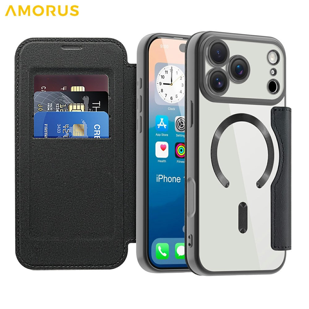 AMORUS For iPhone 17 Pro Max Case Compatible with MagSafe RFID Blocking Card Holder Leather Phone Cover - Black