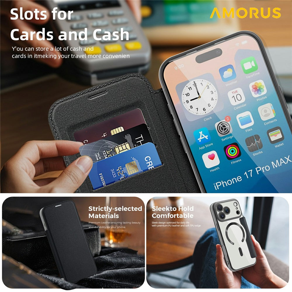 AMORUS For iPhone 17 Pro Max Case Compatible with MagSafe RFID Blocking Card Holder Leather Phone Cover - Black