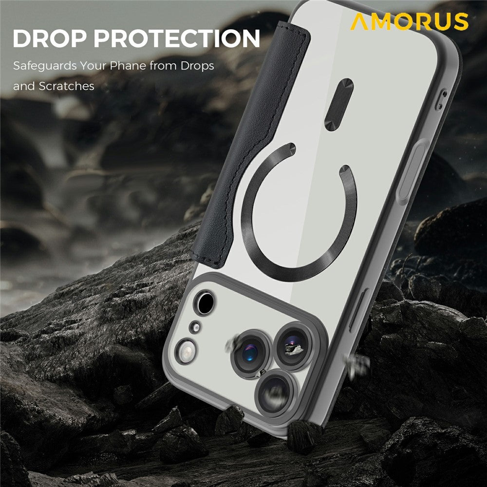 AMORUS For iPhone 17 Pro Max Case Compatible with MagSafe RFID Blocking Card Holder Leather Phone Cover - Black