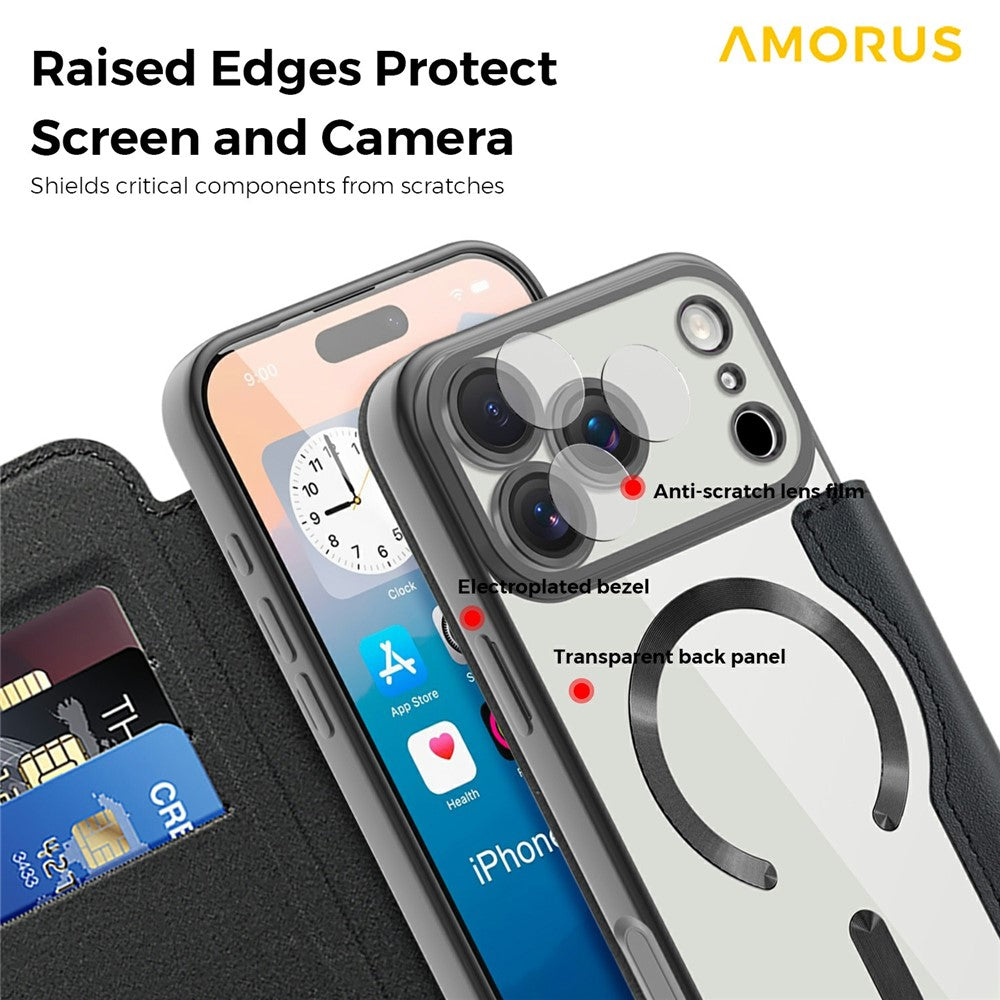 AMORUS For iPhone 17 Pro Max Case Compatible with MagSafe RFID Blocking Card Holder Leather Phone Cover - Black