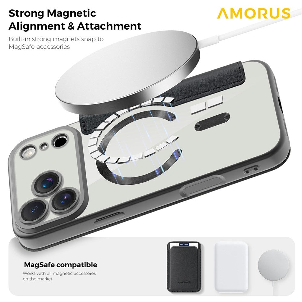 AMORUS For iPhone 17 Pro Max Case Compatible with MagSafe RFID Blocking Card Holder Leather Phone Cover - Black