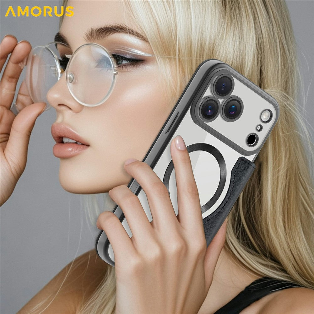 AMORUS For iPhone 17 Pro Max Case Compatible with MagSafe RFID Blocking Card Holder Leather Phone Cover - Black