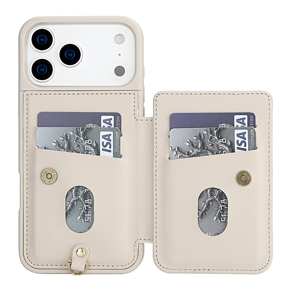 For iPhone 17 Pro Max Case Card Slots Leather Coated TPU Flower Phone Cover with 2 Straps - Beige