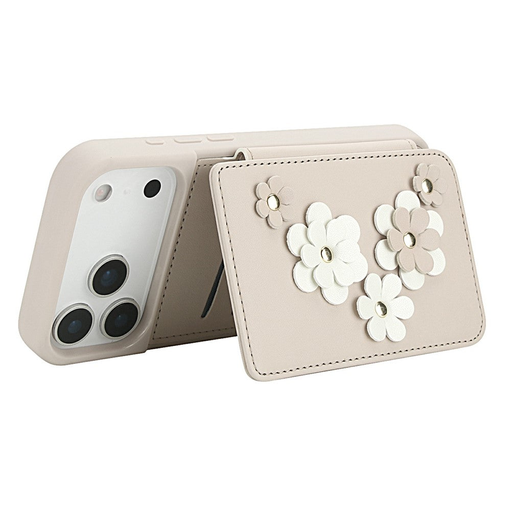 For iPhone 17 Pro Max Case Card Slots Leather Coated TPU Flower Phone Cover with 2 Straps - Beige