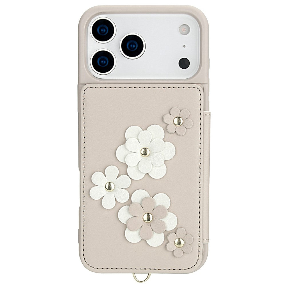 For iPhone 17 Pro Max Case Card Slots Leather Coated TPU Flower Phone Cover with 2 Straps - Beige