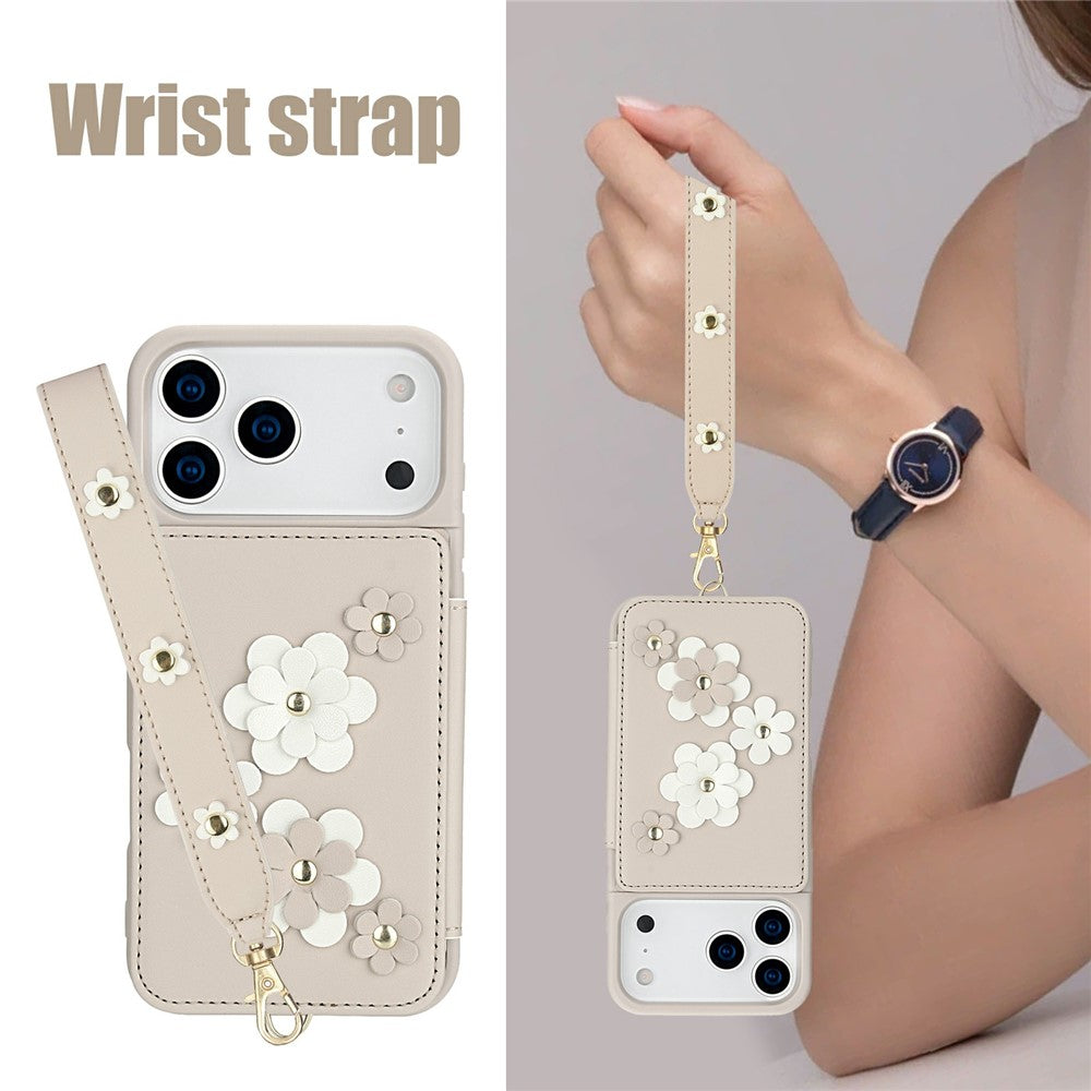 For iPhone 17 Pro Max Case Card Slots Leather Coated TPU Flower Phone Cover with 2 Straps - Beige