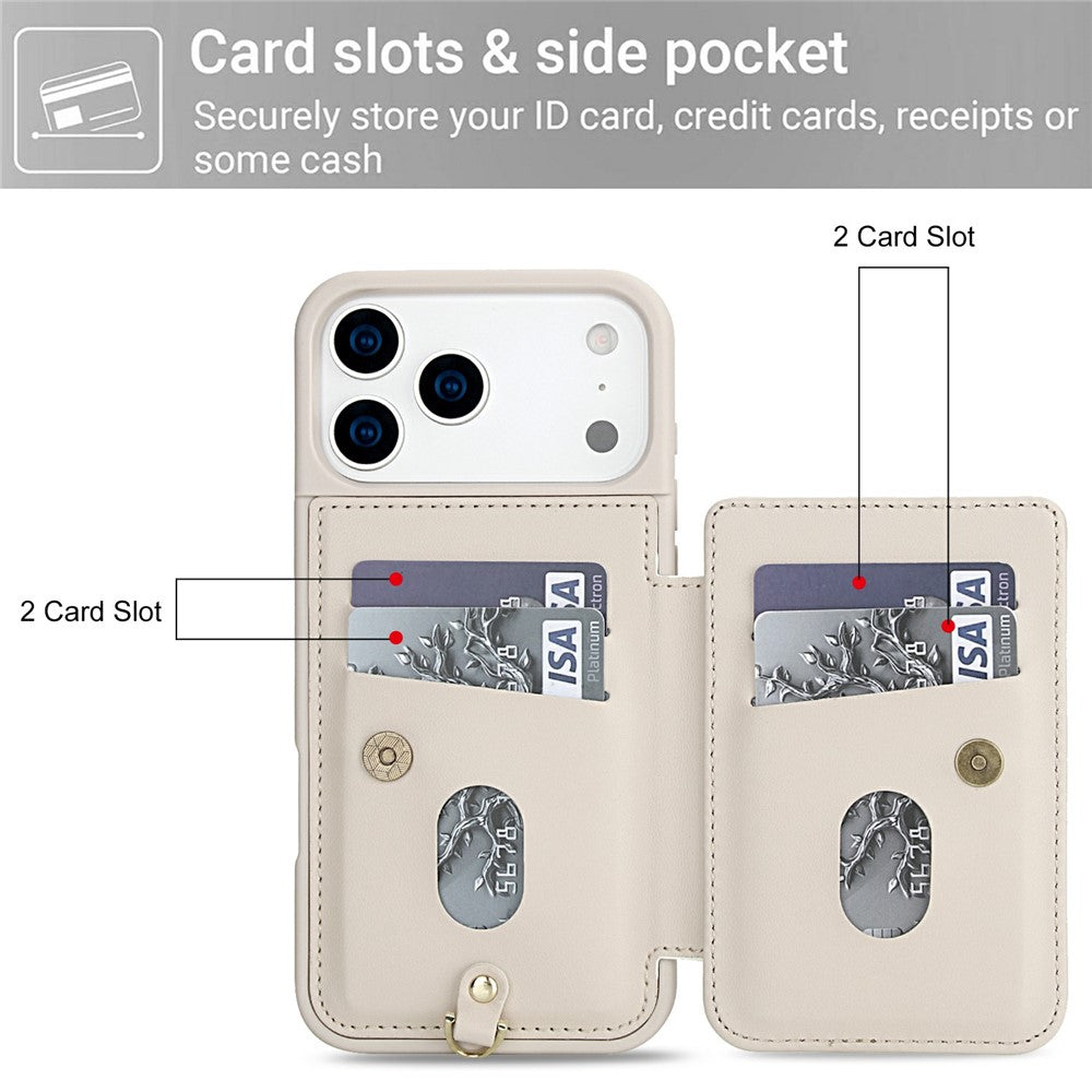 For iPhone 17 Pro Max Case Card Slots Leather Coated TPU Flower Phone Cover with 2 Straps - Beige