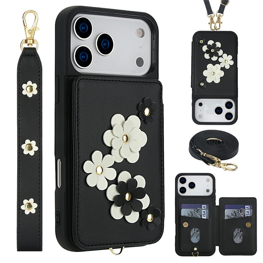 For iPhone 17 Pro Max Case Card Slots Leather Coated TPU Flower Phone Cover with 2 Straps - Black