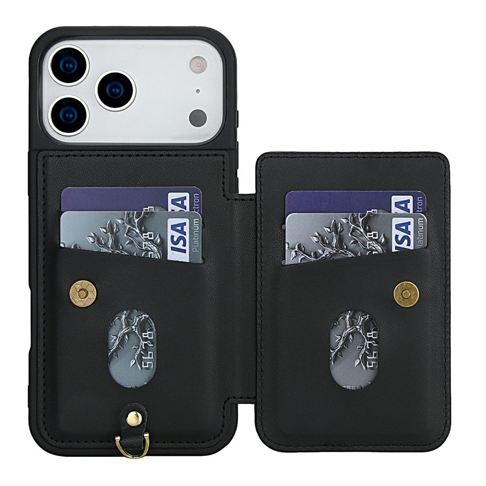 For iPhone 17 Pro Max Case Card Slots Leather Coated TPU Flower Phone Cover with 2 Straps - Black