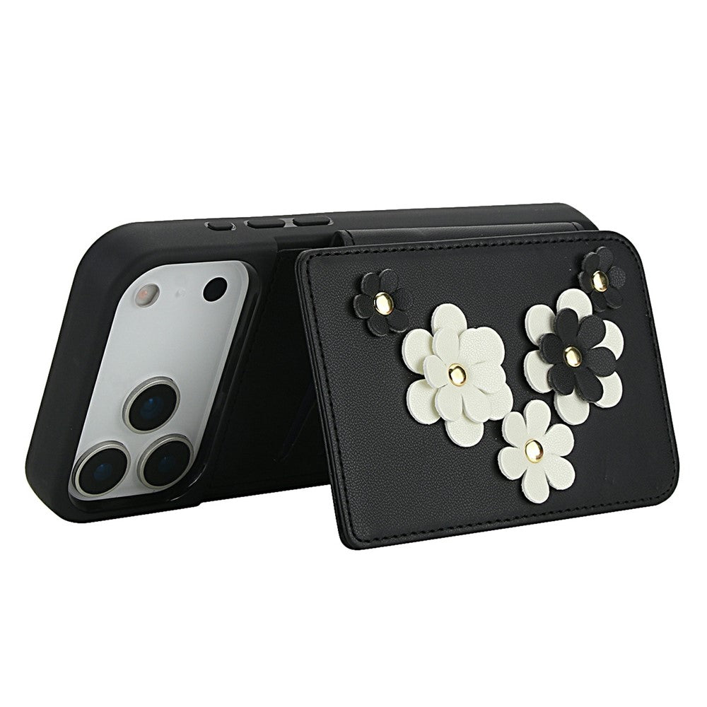 For iPhone 17 Pro Max Case Card Slots Leather Coated TPU Flower Phone Cover with 2 Straps - Black