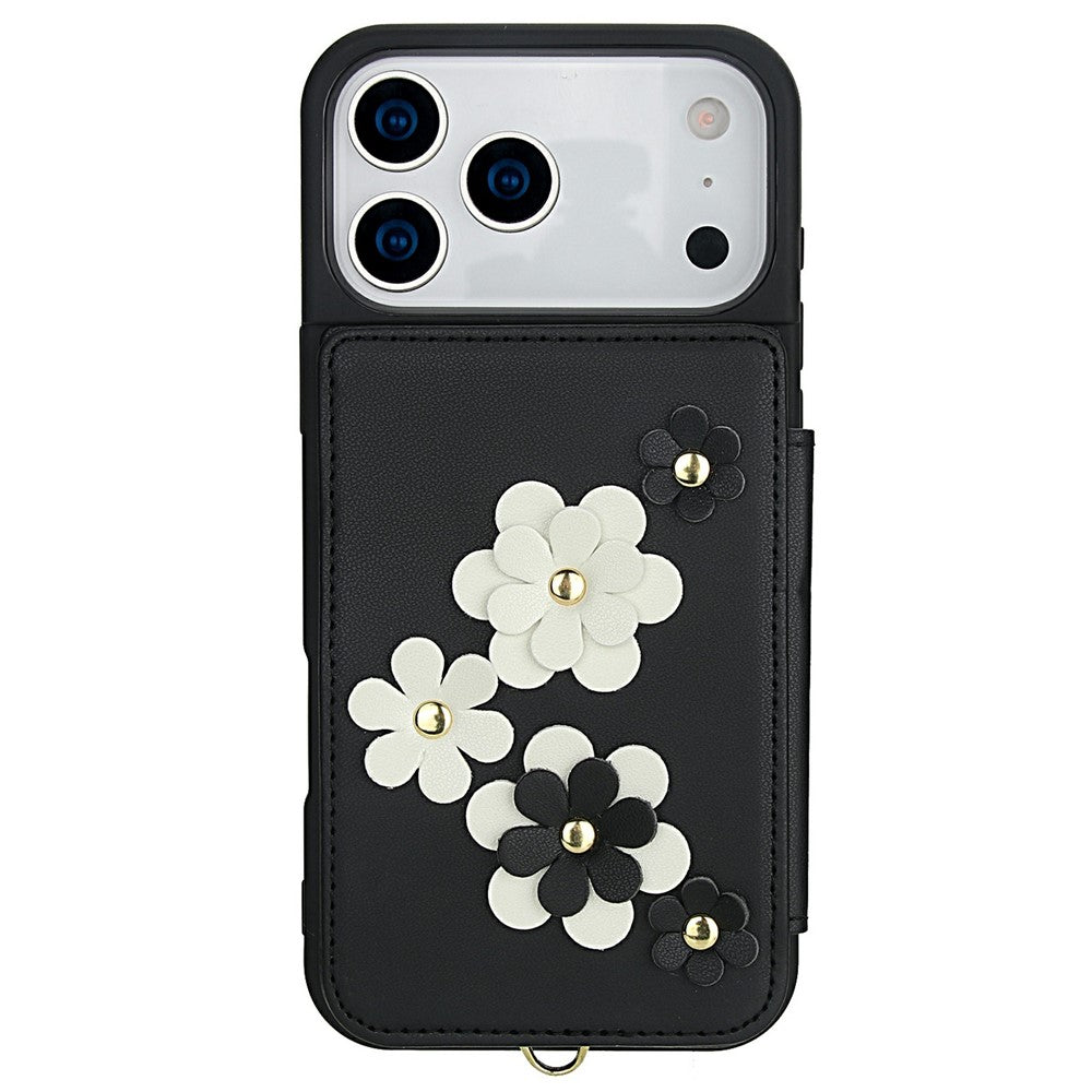 For iPhone 17 Pro Max Case Card Slots Leather Coated TPU Flower Phone Cover with 2 Straps - Black